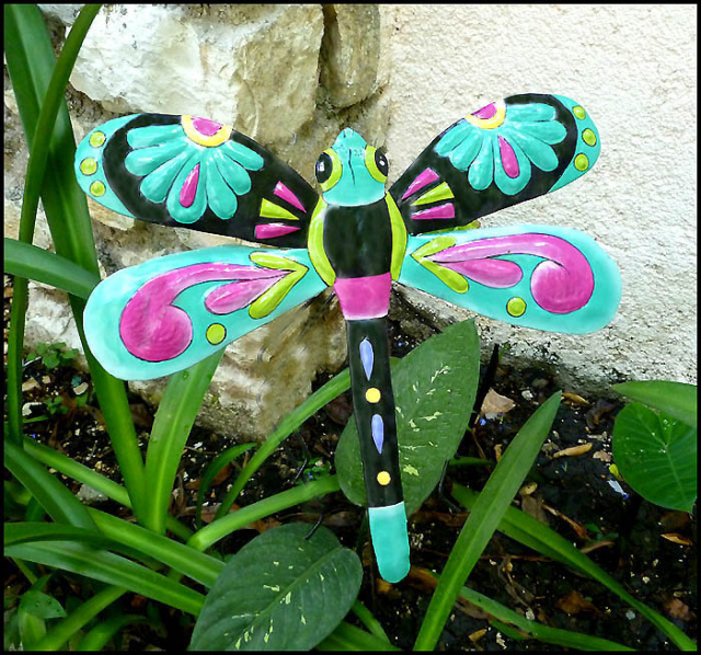 Garden Plant Stake - Painted Dragonfly -  Garden Art - Outdoor Metal Art -12" x 13" 